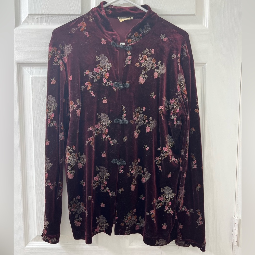 Vintage Burgundy Velvet Top with Floral Embroidery